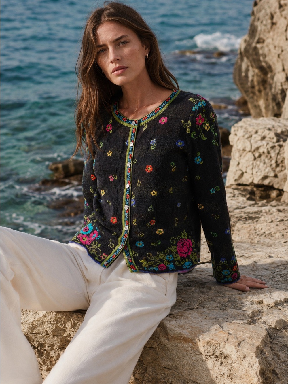 IVKO extra fine merino wool floral cardigan sweater